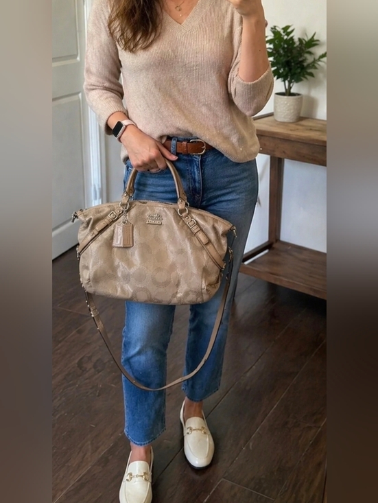 Coach Handbags - Coach Taupe Signature Canvas Satchel with Leather Trim